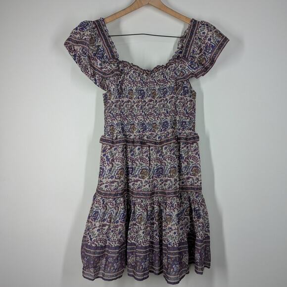 Sea Rosita Border Smocked Mini Dress Ruffled Purple Floral Size Large Preowned - Picture 3 of 12